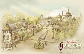 Concept-art of Rijk der Fantasie with Polles Keuken on the left, and Hartenhof in the background.
