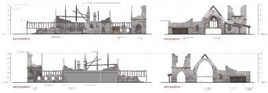 Détails de la future gare représentant une église dévastée.