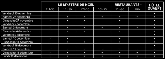 Dates des 30 représentations du ''Mystère de Noël''