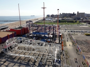 Zamperla opened Scream Zone at Coney Island with a Moto Coaster (front) and a Volare ''flying'' rollercoaster (back)