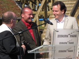Clair Hain Jr. (center) and Michael Mack (right) just before the grand opening of WODAN Timburcoaster