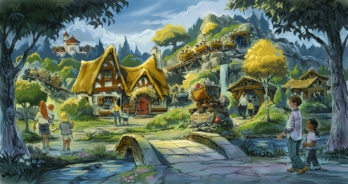 Concept-art de la zone de Blanche Neige avec la montagne russe The Seven Dwarfs Mine Train