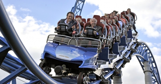 Roland Mack (left) with Chip Cleary (right) enjoying Blue Fire launch coaster at Europa-Park