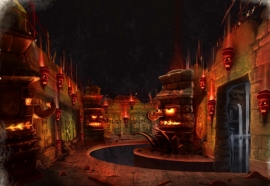 Concept-art de la scène du feu dans le dark ride.