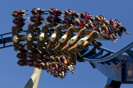 The main characteristic of the Wing Coaster is that the passengers are seated like on the edge of a wing on an airplane. Photo: Wild Eagle at Dollywood.