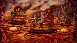 Concept-art de la scène finale de l'attraction, où deux véhicules se croiseront en tournant en rond.