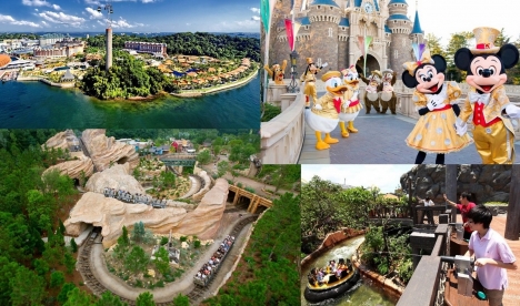 L'Asie : prête à supplanter le marché américain (de haut en bas et de gauche à droite: Resort World of Sentosa, Tokyo Disney Resort, Hong Kong Disneyland et Ocean Park Hong Kong)