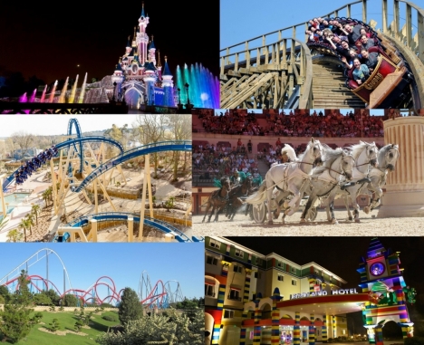 L'Europe : résistante malgré la situation instable (de haut en bas et de gauche à droite: Disneyland Paris, Europa-Park, Parc Astérix, Puy du Fou, PortAventura et LEGOLAND Windsor)